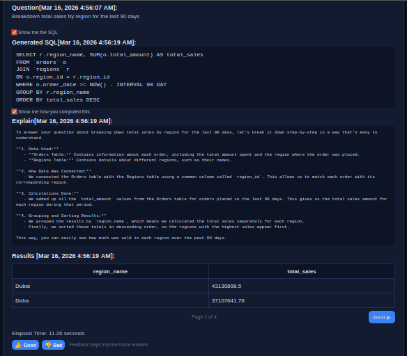 Sentory showing question, generated SQL, explainability, and results